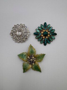 Liz Claiborne LC Brooch Lot 3 Rhinestone Enamel Faux Turquoise Floral